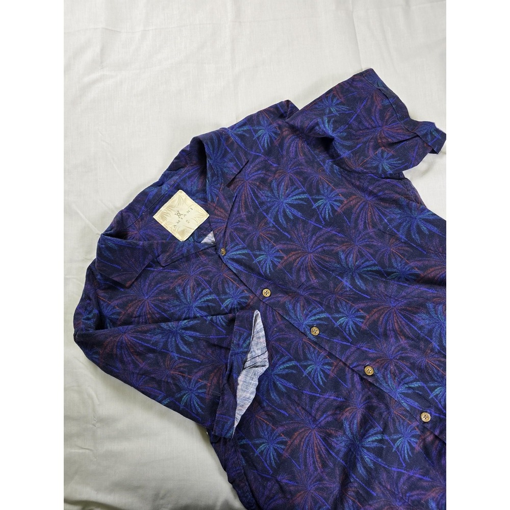 Amiani Shirt Mens Medium Blue Purple Palm Tree Hawaiian Camp Collar Aloha Cotton